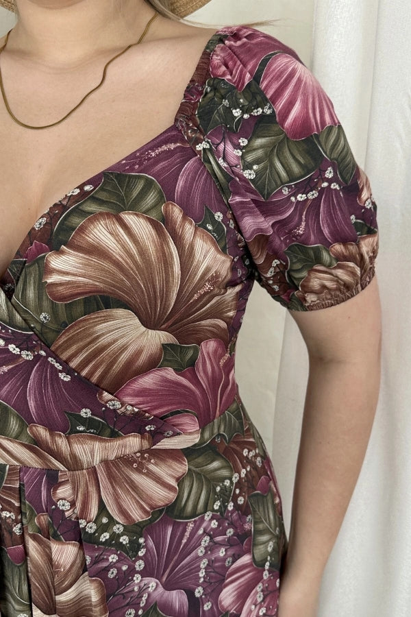 Büyük Beden Kısa Kollu Prenses Yaka Çiçek Desenli Maxi Elbise 74-80 Vervegrand