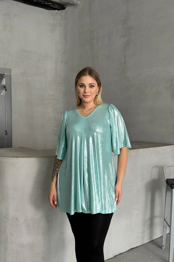 Büyük Beden V Yaka Kısa Kollu Parlak Görünümlü Bluz 303379 Vervegrand
