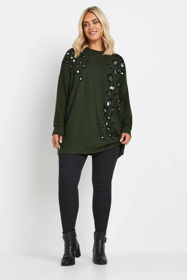 Büyük Beden Yumuşak Dokulu Leopar Baskılı Uzun Kollu Kazak 322222 Vervegrand