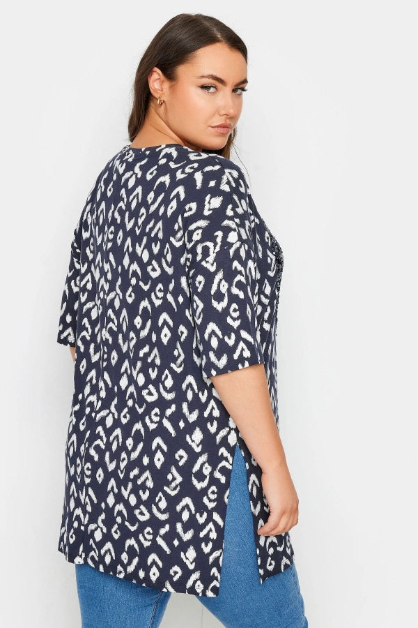 Büyük Beden Bisiklet Yaka Payet İşlemeli Yırtmaç Detaylı Bluz 303078 Vervegrand