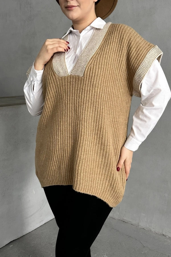 Büyük Beden V Yaka Kısa Kollu Triko Süveter 302135 Vervegrand