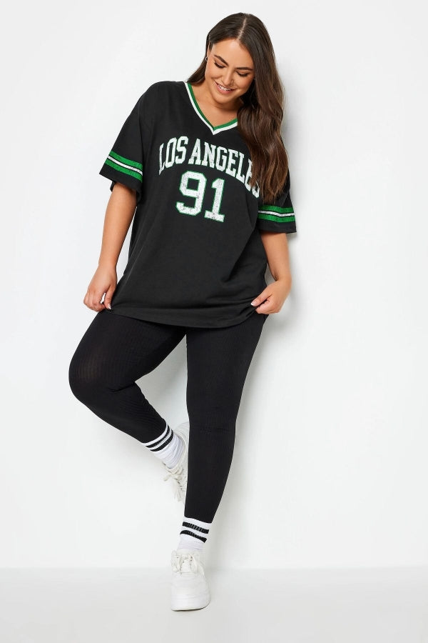 Vervegrand büyük beden siyah Los Angeles baskılı V yaka t-shirt ön görünüm
