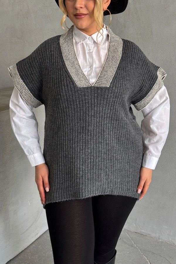 Büyük Beden V Yaka Kısa Kollu Triko Süveter 302138 Vervegrand