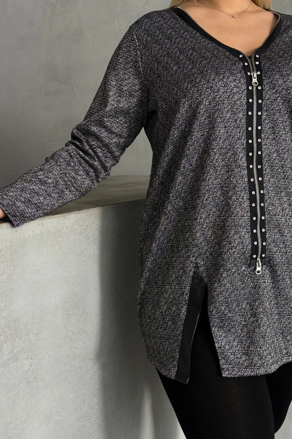 Büyük Beden V Yaka Önü Fermuarlı Yırtmaç Detaylı Bluz 173670 Vervegrand