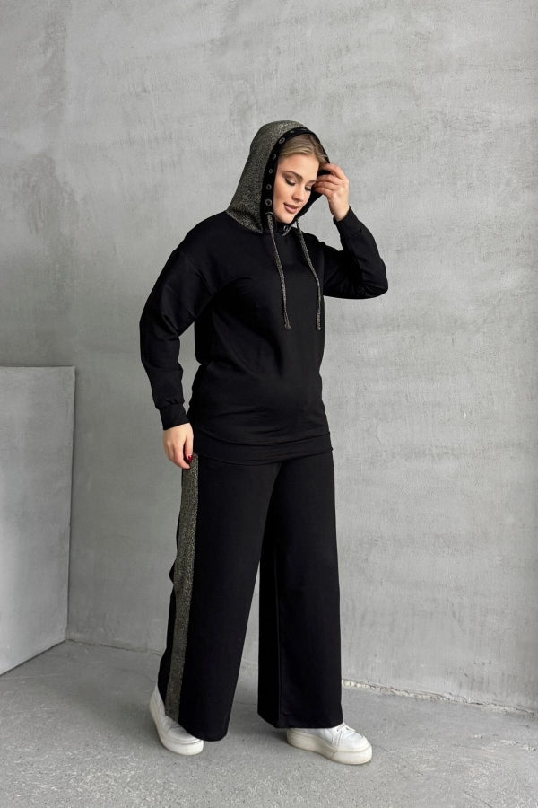 Büyük beden siyah triko sweatshirt bağcıklı kapüşon detayı