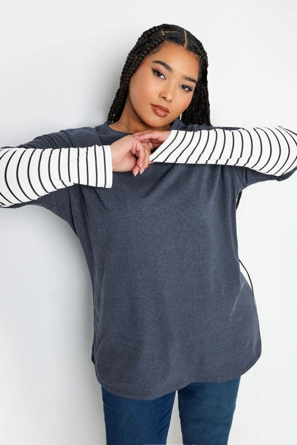 Büyük Beden Bisiklet Yaka Çift Katlı Kolları Çizgili T-shirt 302777 Vervegrand