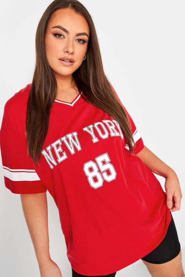 Büyük Beden Önü Baskılı V Yaka Yarım Kollu Uzun Kesim T-Shirt 321023 Vervegrand