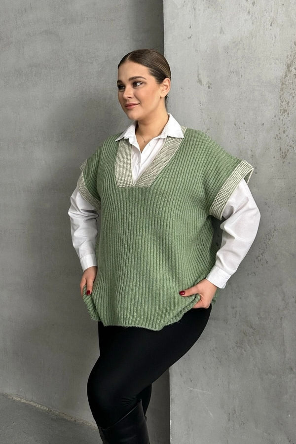 Büyük Beden V Yaka Kısa Kollu Triko Süveter 302136 Vervegrand