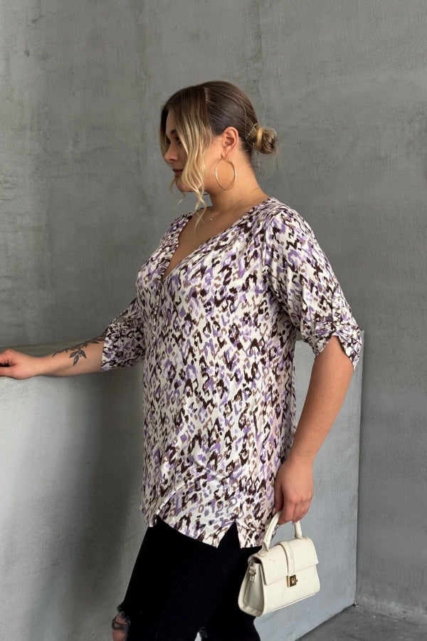 Büyük Beden V Yaka Önü Düğmeli Kolları Katlama Detaylı Likralı Bluz 1017 Vervegrand