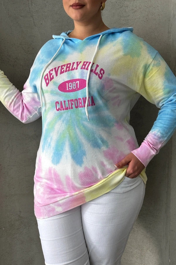 Büyük Beden Batik Desenli Kapüşonlu Baskılı İnce Sweatshirt 303144 Vervegrand