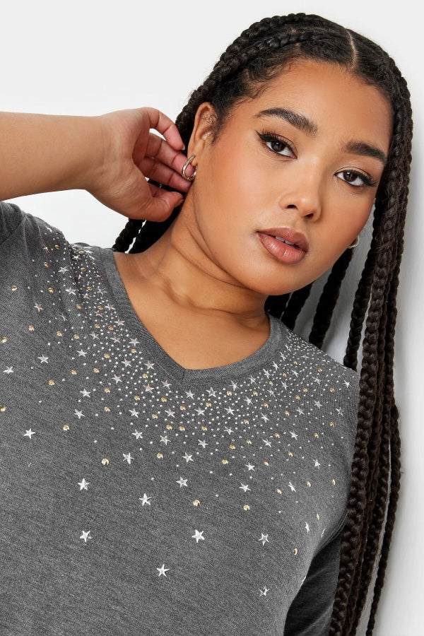 Büyük Beden V Yaka Yıldız Zımba Detaylı Yarım Kollu Bluz 302677 Vervegrand