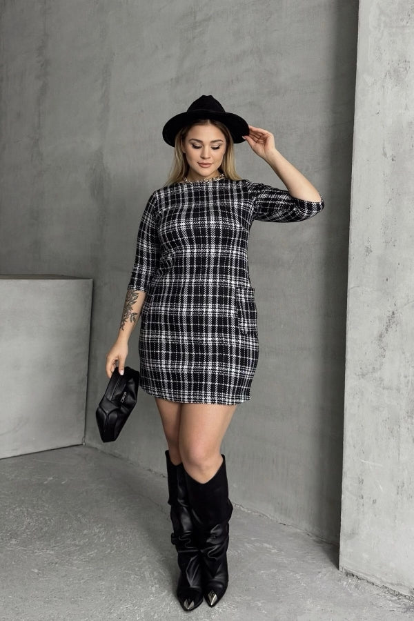 Büyük Beden Bisiklet Yaka Yarım Kollu Cepli Desenli Elbise 301506 Vervegrand