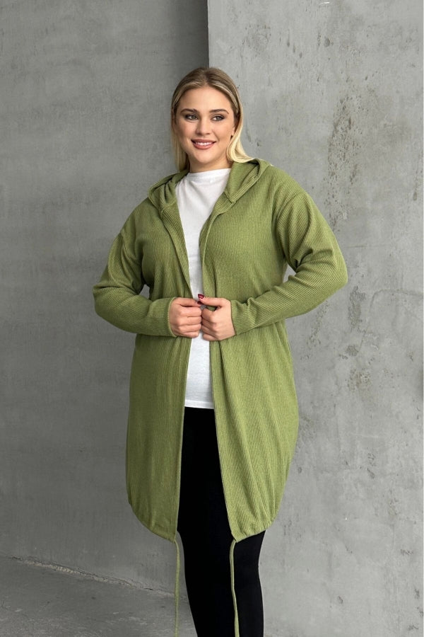 Büyük Beden Uzun Kollu Kapüşonlu Önü Kapamasız Fitilli Hırka 74-136 Vervegrand