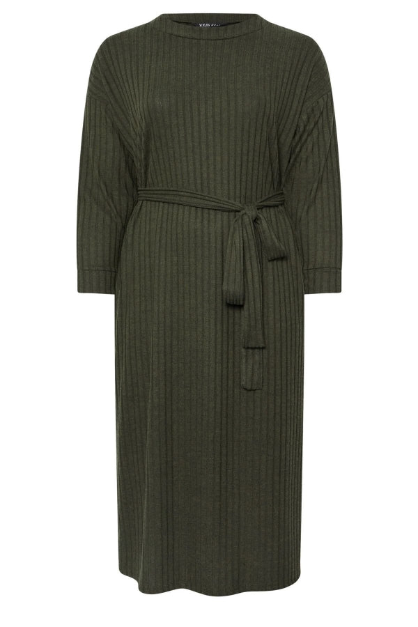 Büyük Beden Kuşaklı Düz Kesim Fitilli Uzun Kollu Astarsız Midi Elbise 322196 Vervegrand