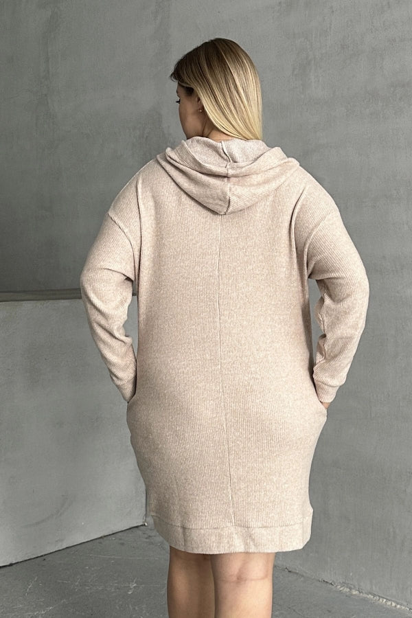 Büyük Beden Kapüşonlu Boncuk İşlemeli Cepli Sweatshirt Elbise 301801 Vervegrand