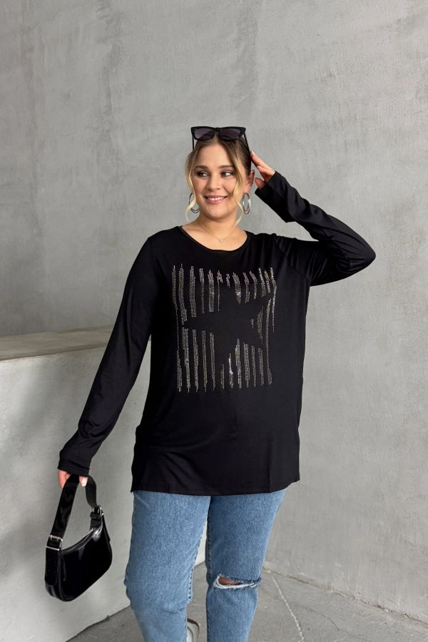 Büyük Beden Uzun Kollu Bisiklet Yaka Taş İşlemeli İnce Bluz 173716 Vervegrand