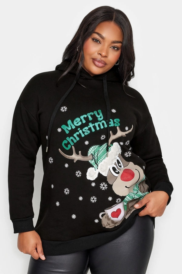 Vervegrand büyük beden yılbaşı temalı siyah kapüşonlu sweatshirt