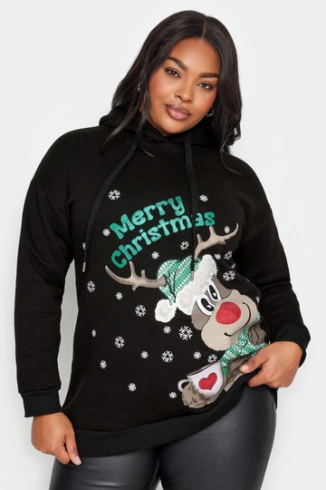 Vervegrand büyük beden yılbaşı temalı siyah kapüşonlu sweatshirt