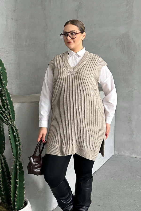 Büyük Beden V Yaka Kısa Kollu Triko Süveter 302133 Vervegrand