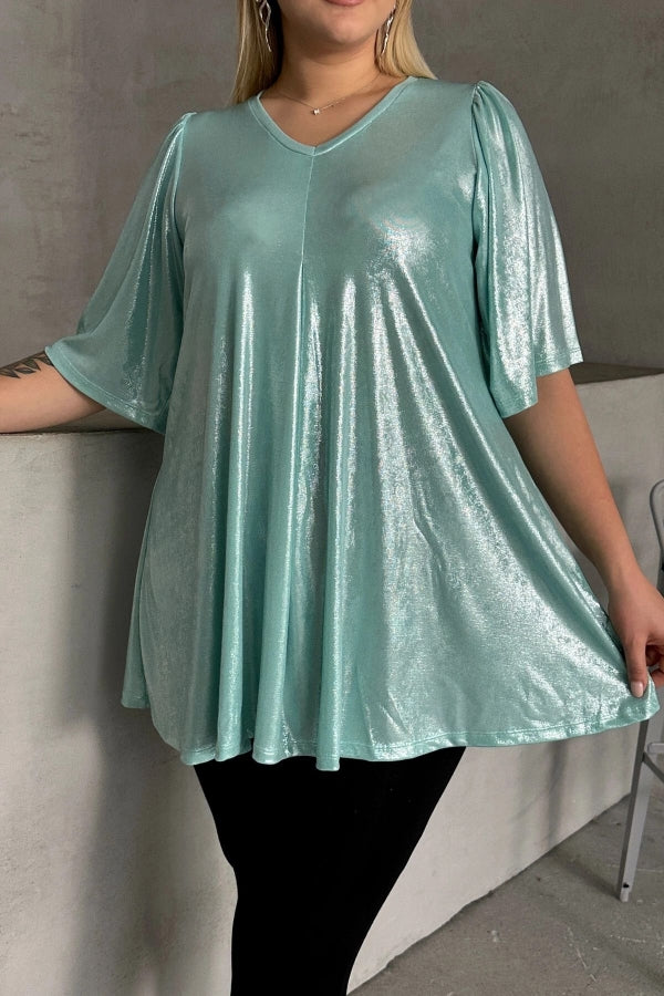 Büyük Beden V Yaka Kısa Kollu Parlak Görünümlü Bluz 303379 Vervegrand