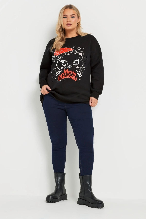 Vervegrand büyük beden kedi baskılı rahat jersey sweatshirt
