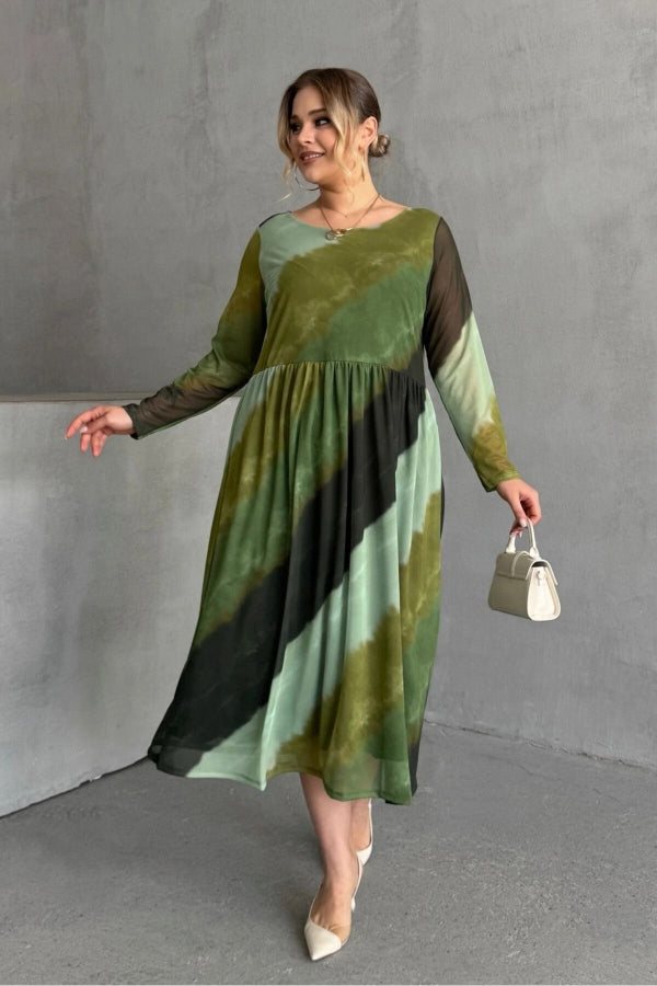 Büyük Beden Bisiklet Yaka Uzun Kollu Beli Lastikli Astarlı Elbise 615922 Vervegrand