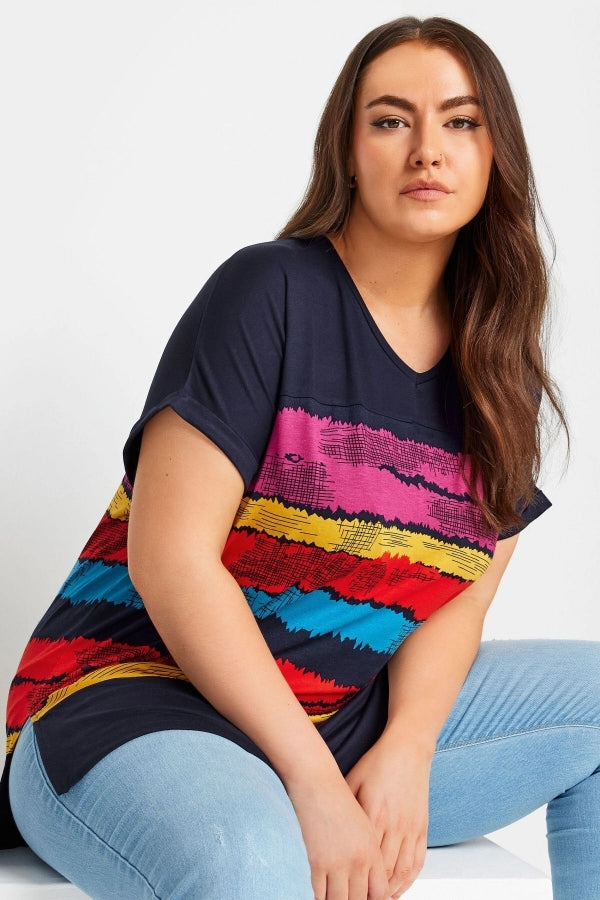 Büyük Beden V Yaka Kısa Kollu Çizgili T-shirt 303120 Vervegrand