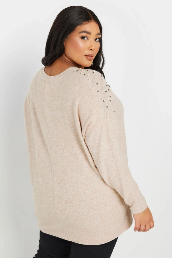 Büyük Beden V Yaka Uzun Kollu Omzu Boncuk İşlemeli Kazak 322301 Vervegrand