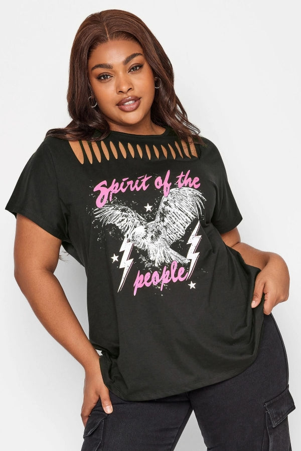 Büyük Beden Bisiklet Yaka Kesik Detaylı Baskılı Kısa Kollu T-shirt 321123 Vervegrand