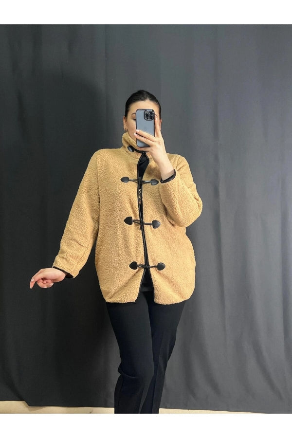 Büyük Beden Önü Kapamalı Cepli Uzun Kollu Peluş Mont 301817 Vervegrand