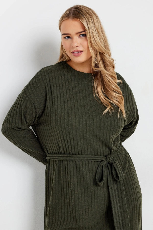 Büyük Beden Kuşaklı Düz Kesim Fitilli Uzun Kollu Astarsız Midi Elbise 322196 Vervegrand