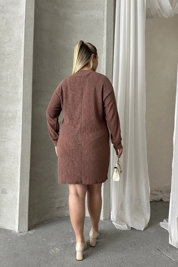 Büyük Beden Uzun Kollu Bisiklet Yaka Düz Kesim Elbise 100-189 Vervegrand