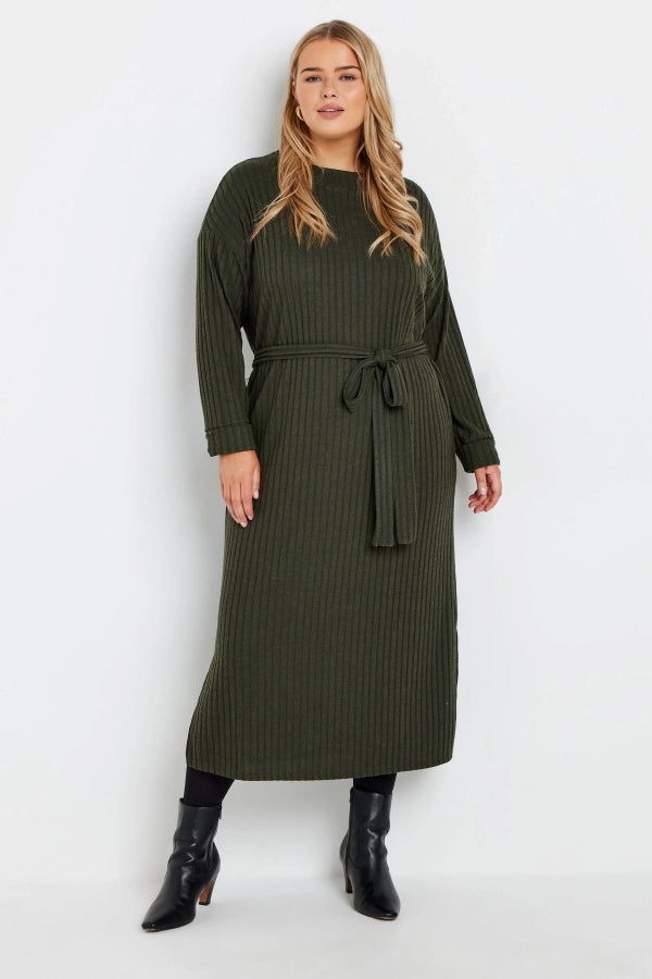 Büyük Beden Kuşaklı Düz Kesim Fitilli Uzun Kollu Astarsız Midi Elbise 322196 Vervegrand