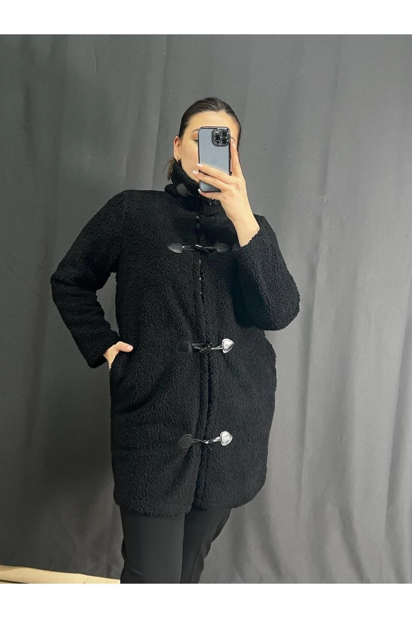 Büyük Beden Boğazlı Önü Kapamalı Cepli Peluş Kaban 302660 Vervegrand