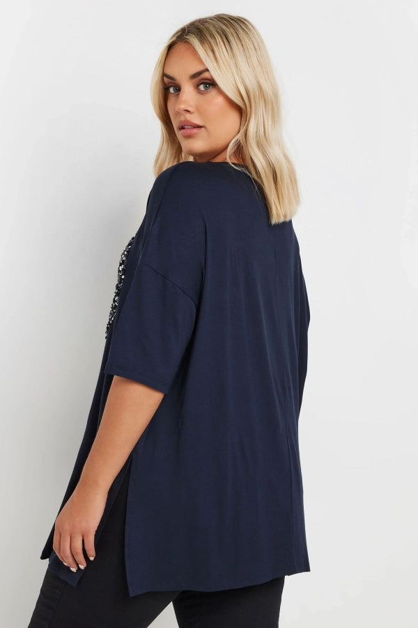 Büyük Beden Bisiklet Yaka Yarım Kollu Payet Süslemeli Yırtmaçlı Bluz 303543 Vervegrand