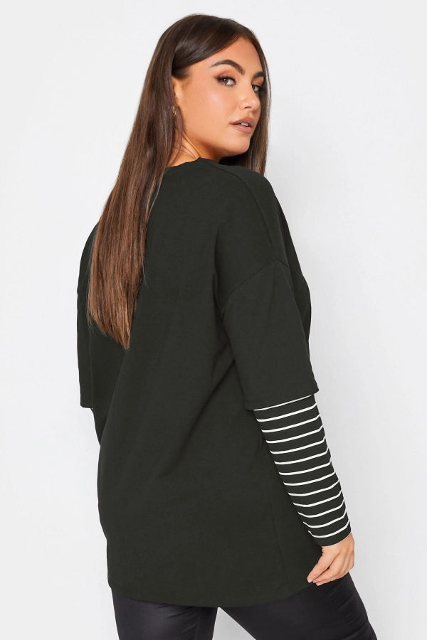 Büyük Beden Bisiklet Yaka Uzun Kollu Çift Katlı Kolları Çizgili T-shirt 302558 Vervegrand