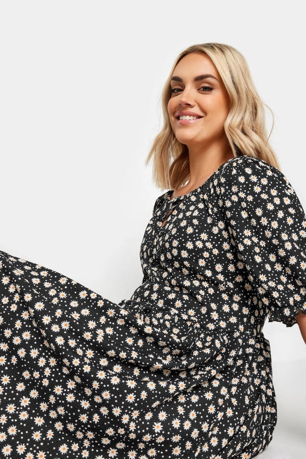 Büyük Beden Bağlama Detaylı Kolları Fırfırlı Çiçek Desenli Elbise 303188 Vervegrand