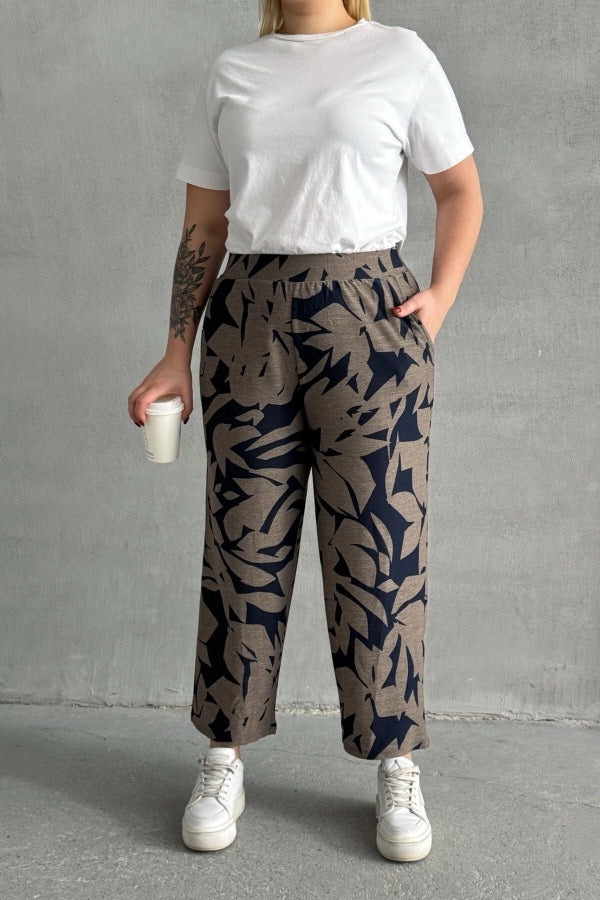 Büyük Beden Beli Lastikli Bol Paça Desenli Cepli Pantolon 74-109 Vervegrand