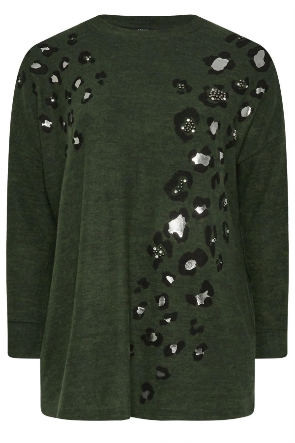 Büyük Beden Yumuşak Dokulu Leopar Baskılı Uzun Kollu Kazak 322222 Vervegrand