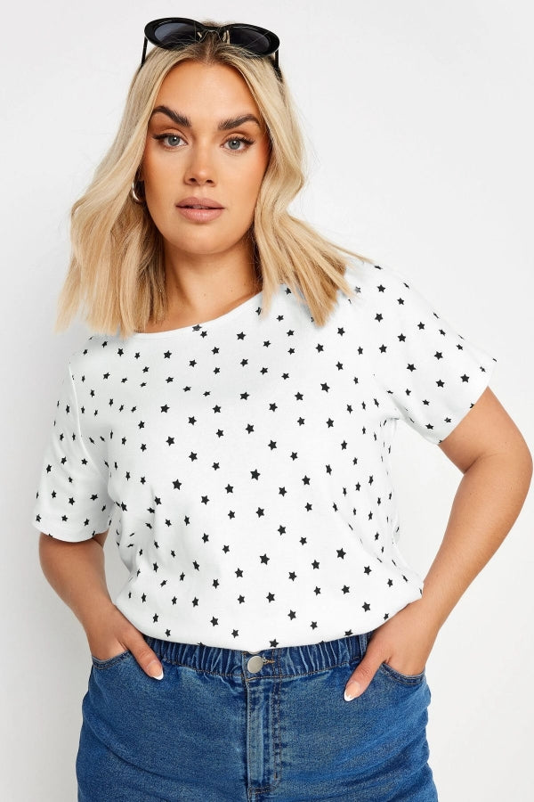 Büyük Beden Bisiklet Yaka Kısa Kollu Yıldız Baskılı T-shirt 303258 Vervegrand