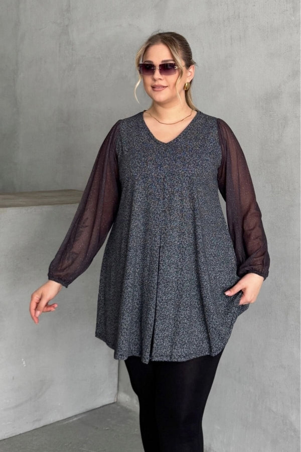 Büyük Beden Uzun Tül Kol V Yaka Bilekleri Lastikli Simli Bluz 78-132 Vervegrand