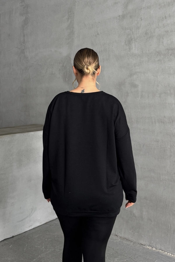 Büyük Beden Bisiklet Yaka Uzun Kollu Leopar Desenli Sweatshirt 300335 Vervegrand