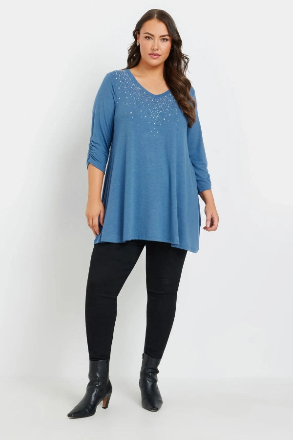 Büyük Beden V Yakası Taş İşlemeli Kolları Büzgülü Bluz 322297 Vervegrand