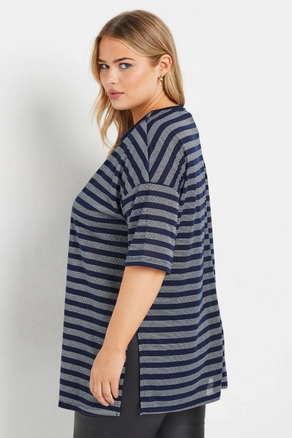 Büyük Beden Bisiklet Yaka Kısa Kollu Çizgili Yanları Yırtmaçlı T-shirt 303611 Vervegrand