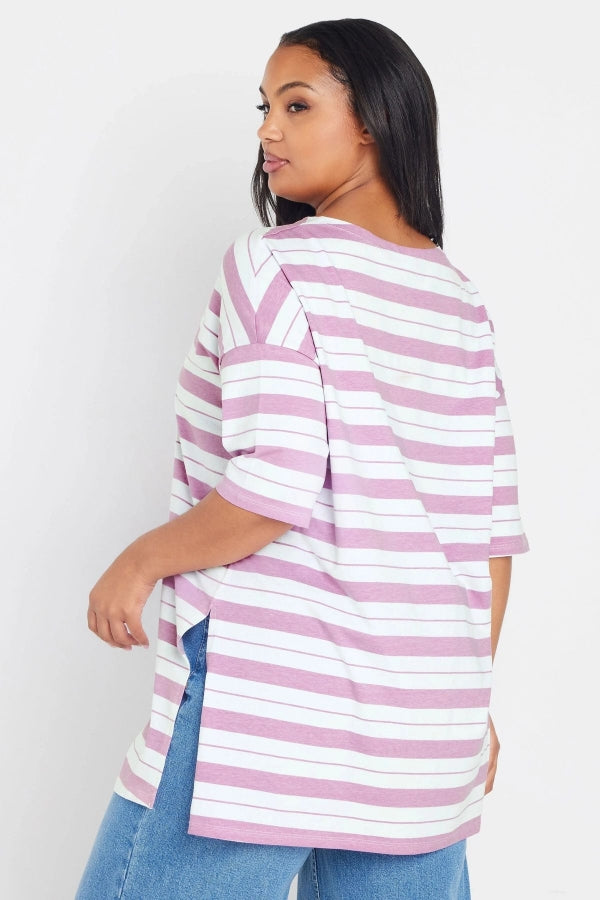 Büyük Beden Bisiklet Yaka Kısa Kollu Yanları Yırtmaçlı Çizgili T-shirt 303944 Vervegrand