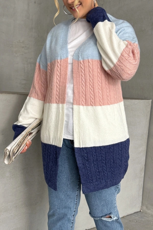 Büyük Beden Uzun Kollu Önü Kapamasız Renk Bloklu Triko Hırka 302147 Vervegrand