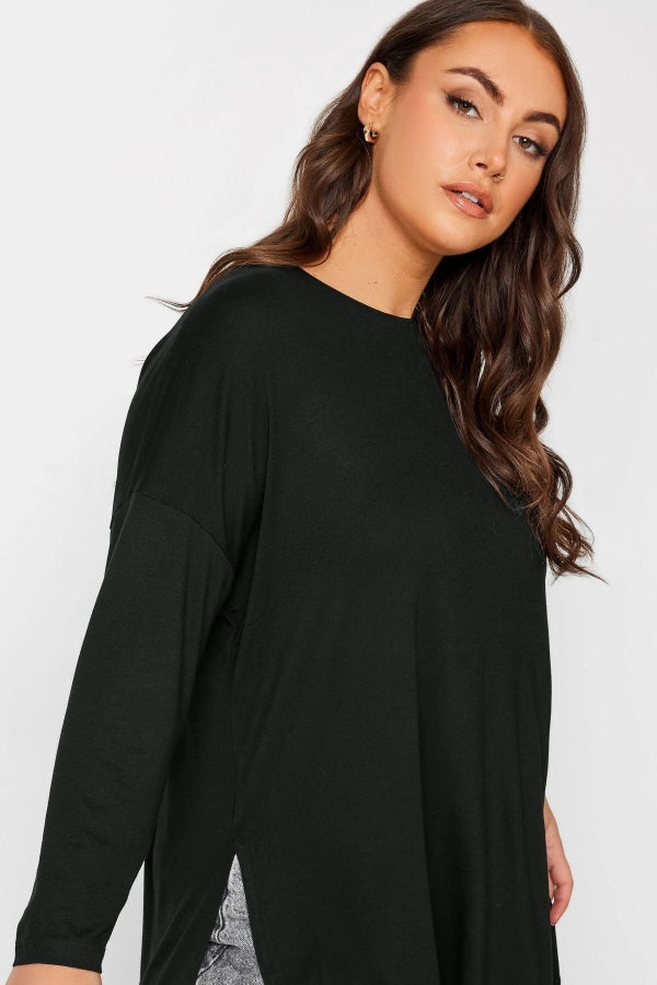 Büyük Beden Bisiklet Yaka Yırtmaç Detaylı Uzun Kollu Oversize Bluz 321292 Vervegrand