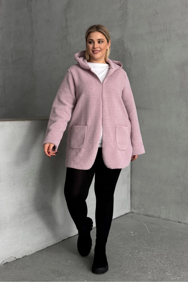 Büyük Beden Uzun Kollu Kapüşonlu Önü Kapamasız Cepli Peluş Ceket 97-14 Vervegrand