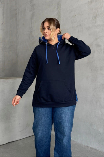Vervegrand büyük beden kapüşonlu kanguru cepli siyah sweatshirt yan görünüm