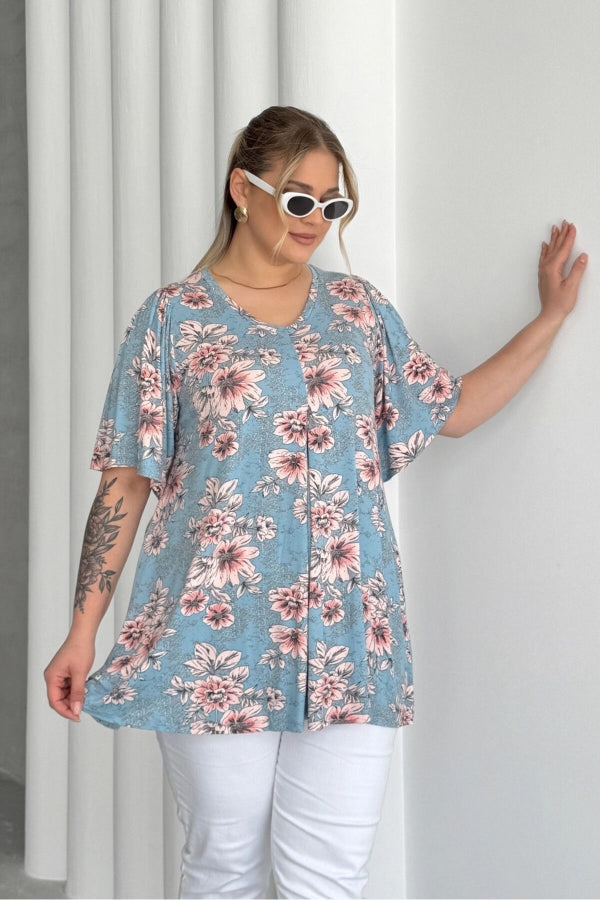 Büyük Beden V Yaka Kısa Kollu Eteği Bollaşan Desenli Bluz 101-44 Vervegrand